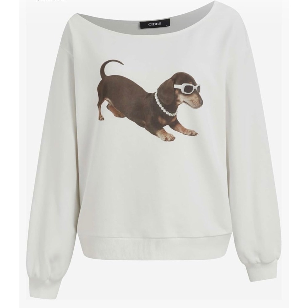 Cider White Dachshund Graphic Sweatshirt Pearl Sunglasses Dog Pullover M